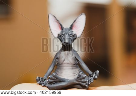 Russia. Saint Petersburg. 12.20.2020. Figurine Of A Meditating Naked Cat Sitting In A Lotus Position
