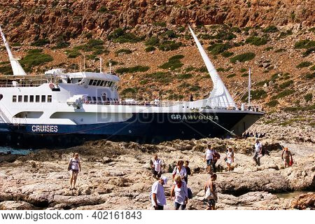 Crete Or Kreta, Greece - September 15, 2017: A Ship Cruise Docked For Tourist In Balos Lagoon Beach,