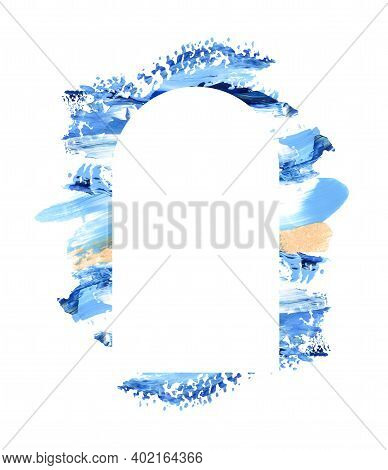 Hand Drawn Blue And Golden Brushstroke Swash With White Arch Border. Paint Swatch Smear Premade Comp