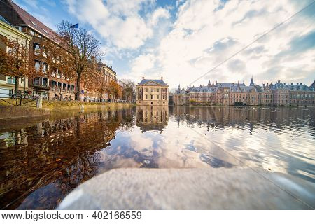 The Hague, The Netherlands - November 10, 2020: Mauritshuis Museum And Binnenhof Palace In The Hague