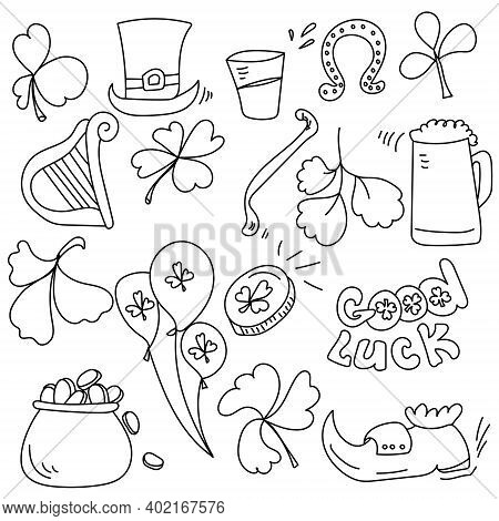 St Patrick's Day Contour Doodles Set, Symbols Of Wealth And Good Luck Vector Illustration