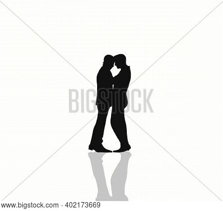 Attractive Gay Couples Silhouette Hugging Looking Each Other And Kissing In The Room On White Backgr