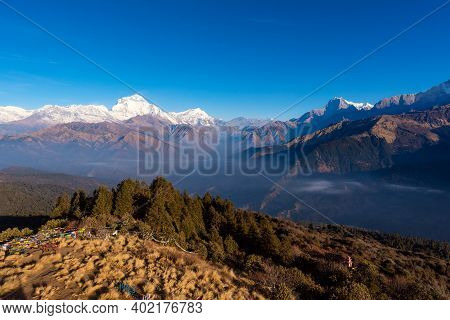 Nature View Of Himalayan Mountain Range At Poon Hill View Point,nepal. Poon Hill Is The Famous View