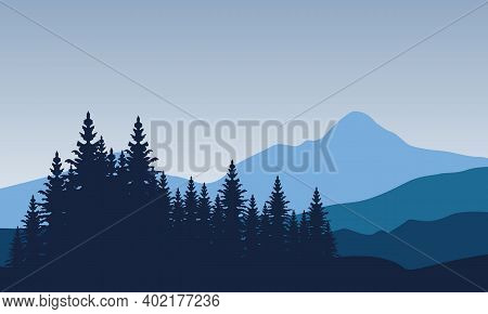 The Beautiful Natural Scenery Of Trees And Mountains At Sunrise. City Vector