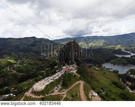 Aerial Panorama Of Piedra Del Penol El Penon De Guatape Rock Stone Inselberg Monolith Granite Dome I