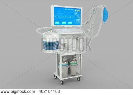 Medical 3d Illustration, Icu Artificial Lung Ventilator With Fictive Design Isolated On Grey Backgro