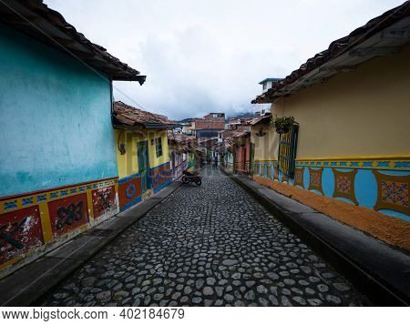 Cobblestone Streets Alley In Picturesque Colorful Facades Town Village Guatape Pueblo De Zocalos In 