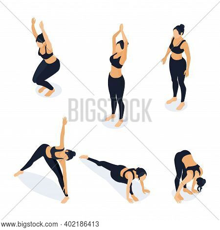 Isometric Woman In Yoga Positions Isolated On White. Vector Illustration Of Female Athlete Stretchin