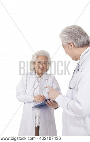 Standing Portraits Of Two Elderly Senior Doctors High Quality Photo