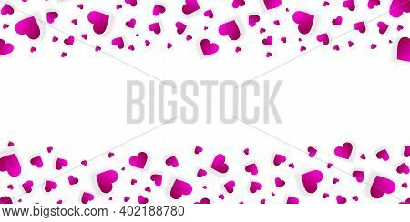 Heart Frame Vector Border Love Banner With Falling Pink Scatter Confetti Petals. Horizontal Up And D