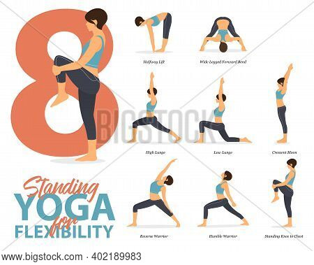 Infographic Of 8 Standing Yoga Poses For Yoga At Home In Concept Of Flexibility In Flat Design. Woma