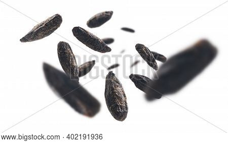 Roasted Rye Malt Grains Levitate On A White Background