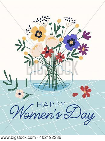 Graphic Design Of Postcard For 8 March With Happy Womens Day Inscription. Vertical Greeting Card Wit