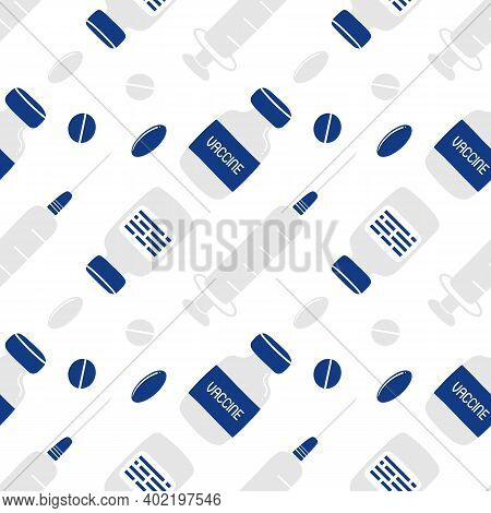 Vaccine Bottles, Injections, Medical Syringes And Pills. Coronavirus Treatment Vector Cartoon Seamle
