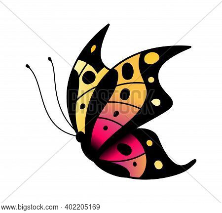 Colorful Stylized Butterfly. Flying Bright Insect Silhouette In Black, Pink And Yellow Colors, Minim
