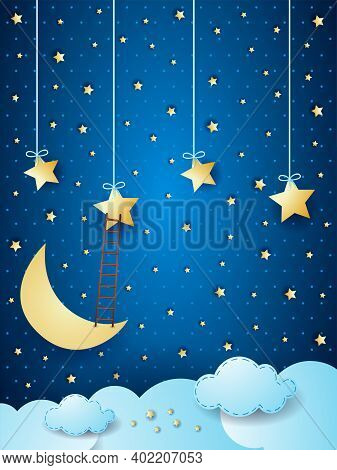 Surreal Cloudscape With Moon, Stars And Ladder. Vector Illustration Eps10
