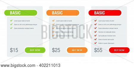 Tariff Comparsion Table Block - Web Ui Chart Flat Design Template - Basic, Standard, Premium Tariffs