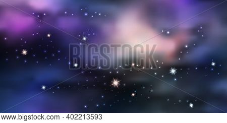 Galaxy Space Background. Night Sky Sith Star Nebula And Aurora Borealis. Glowing Stardust, Blue And 
