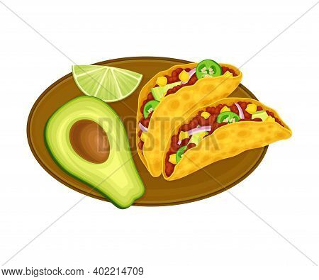 Folded Taco Of Corn Tortilla With Savory Filling Of Forced Meat And Condiments As Traditional Mexica