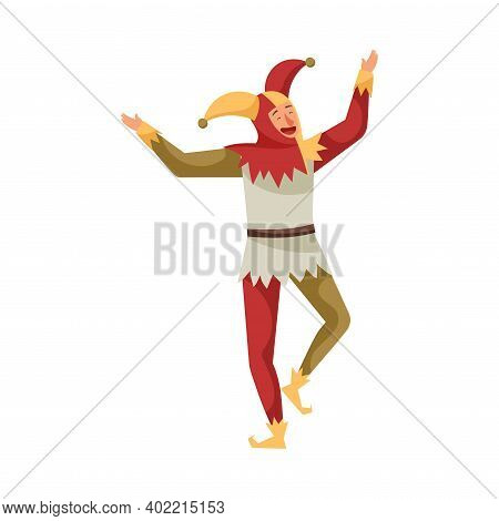 Medieval Jester Character In Bright Clownish Clothing And Bell Hat Vector Illustration
