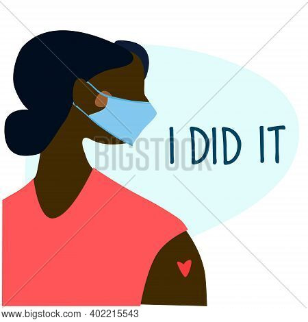 Vaccination Time Concept. Stop Coronavirus Concept. Happy Black Woman After Vaccine Injection In Sho