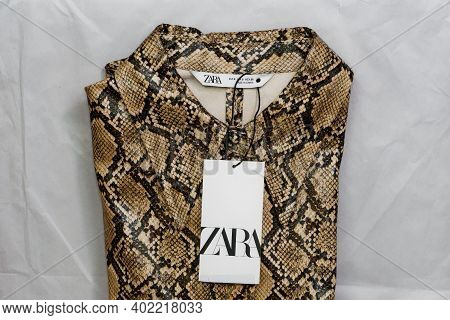 Thessaloniki, Greece - December 5 2020: Zara Spanish Clothes Brand Online Delivery. Order Package Co
