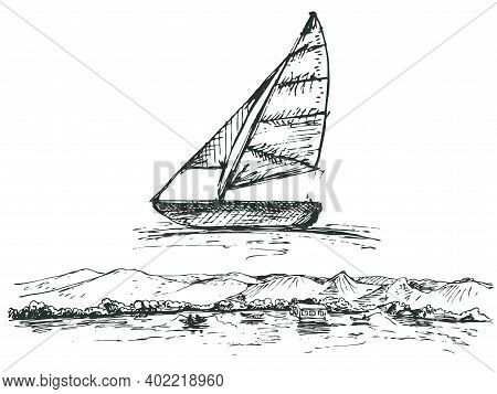 Hand Drawn Vector Illustration. A Fisherman In A Boat On Mountain Landscape.