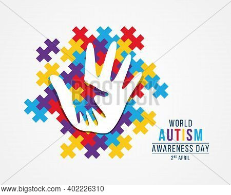 Wolrd Autism Awareness Day Banner With White Adult And Child Hands Sign On Colorful Puzzle Piece Bac