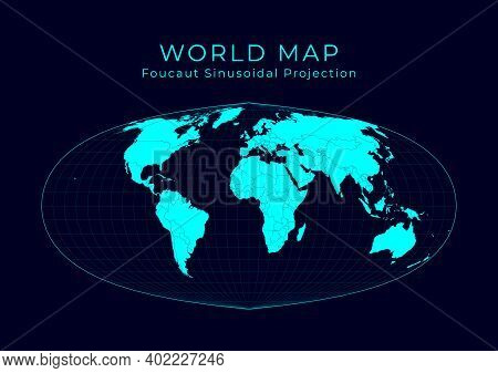 Map Of The World. Foucaut's Sinusoidal Projection. Futuristic Infographic World Illustration. Bright