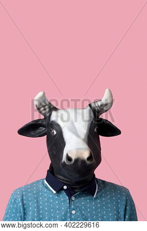portrait of a man wearing a cow mask on a pink background with some blank space on top