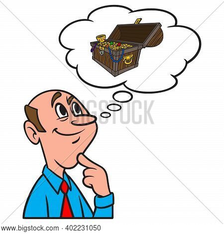 Thinking About A Treasure Chest - A Cartoon Illustration Of A Man Thinking About Finding A Treasure 