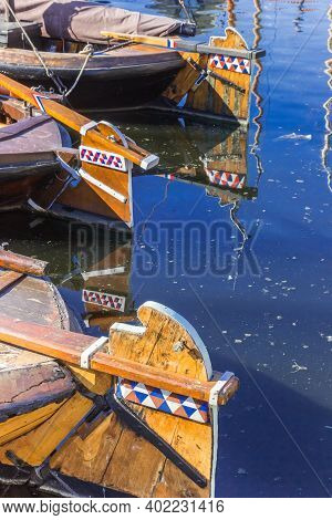Wooden Rudders On Historic Ships In Spakenburg, Netherlands