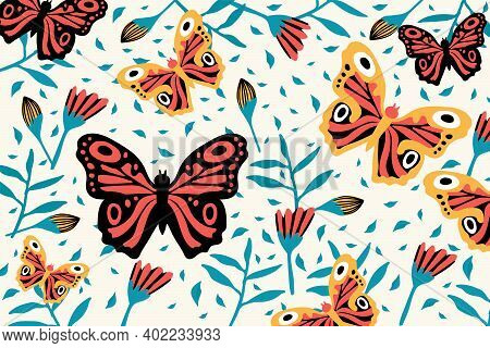 Lots Of Exotic Butterflies. Species Of Flying Insects In The Rainforest. Beautiful Colored Butterfli