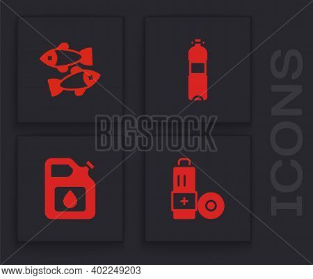 Set Battery, Dead Fish, Bottle Of Water And Canister For Gasoline Icon. Vector