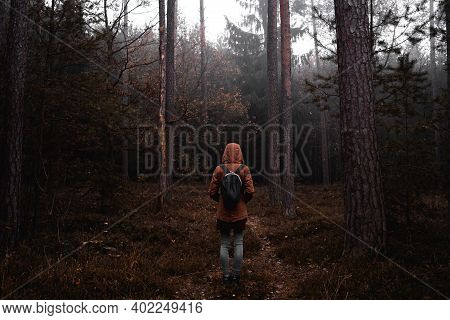 Photo Of Young Girl With Backpack From Behind In The Woods In Autumn. Gloomy Colors.