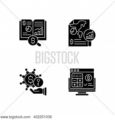 Accounting Black Glyph Icons Set On White Space. Turnkey Finance Functions Of Company. Financial Met