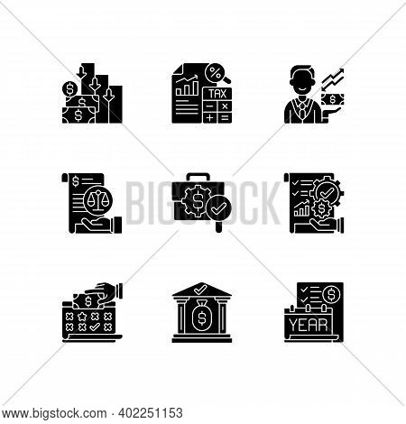 Accounting Black Glyph Icons Set On White Space. Making Financial Report During Financial Period. Co