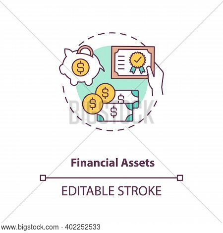 Financial Assets Concept Icon. Intangible Assets Type Idea Thin Line Illustration. Cash, Stocks, Bon