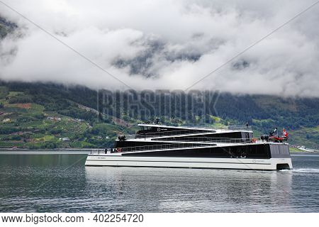 Ullensvang, Norway - July 30, 2020: Vision Of The Fjords Hybrid Electric Sightseeing Boat In Hardang