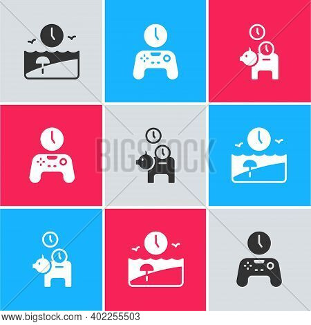 Set Vacation Time, Gamepad Of And Piggy Bank With Coin Icon. Vector