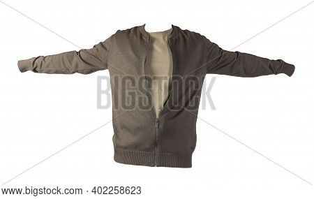 Men's Dark Gren Knitten Bomber Jacket And Beige T-shirt Isolated On A White Background. Fashionable 