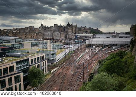 Edinburgh, United Kingdom - August 23 2020: Old Town and Waverly train station in Edinburgh, Scotland UK