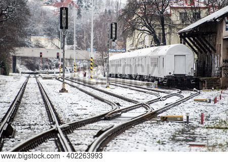 Prague, Czech Republic. 01-07-2021. Old Train Out Of Order At Praha Dejvice Train Station Close To H