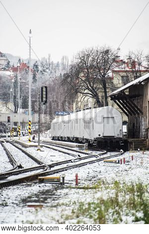 Prague, Czech Republic. 01-07-2021. Old Train Out Of Order At Praha Dejvice Train Station Close To H