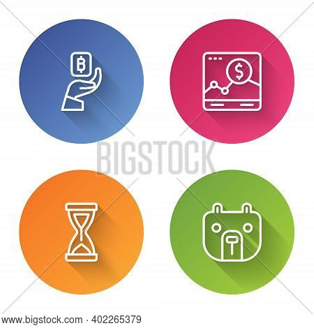 Set Line Hand Holding Bitcoin, Website With Growth Graph, Old Hourglass And Bear Market. Color Circl