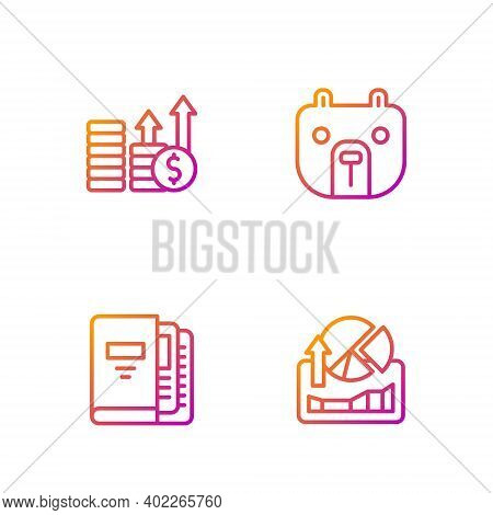 Set Line Stocks Market Growth Graphs, Office Folders, Financial And Dollar And Bear. Gradient Color 