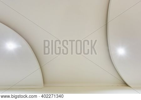 Detail Of Corner Ceiling With Intricate Crown Molding. Suspended Ceiling And Drywall Construction In