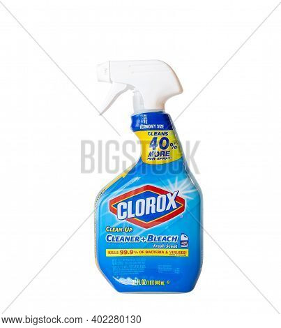 Bemidji, Mn - 17 Nov 2020: A Plastic Spray Bottle Of Clorox Disinfecting Bathroom Cleaner With Bleac