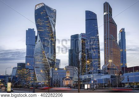 Russia Moscow-city 16.03.2020 International Business Center. Evening Time, Reflection Of Lights In T