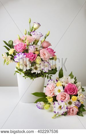 Mock Up Two Bouquets Of Different Sizes Of Roses, Daisies, Lisianthus, Chrysanthemums, Unopened Buds